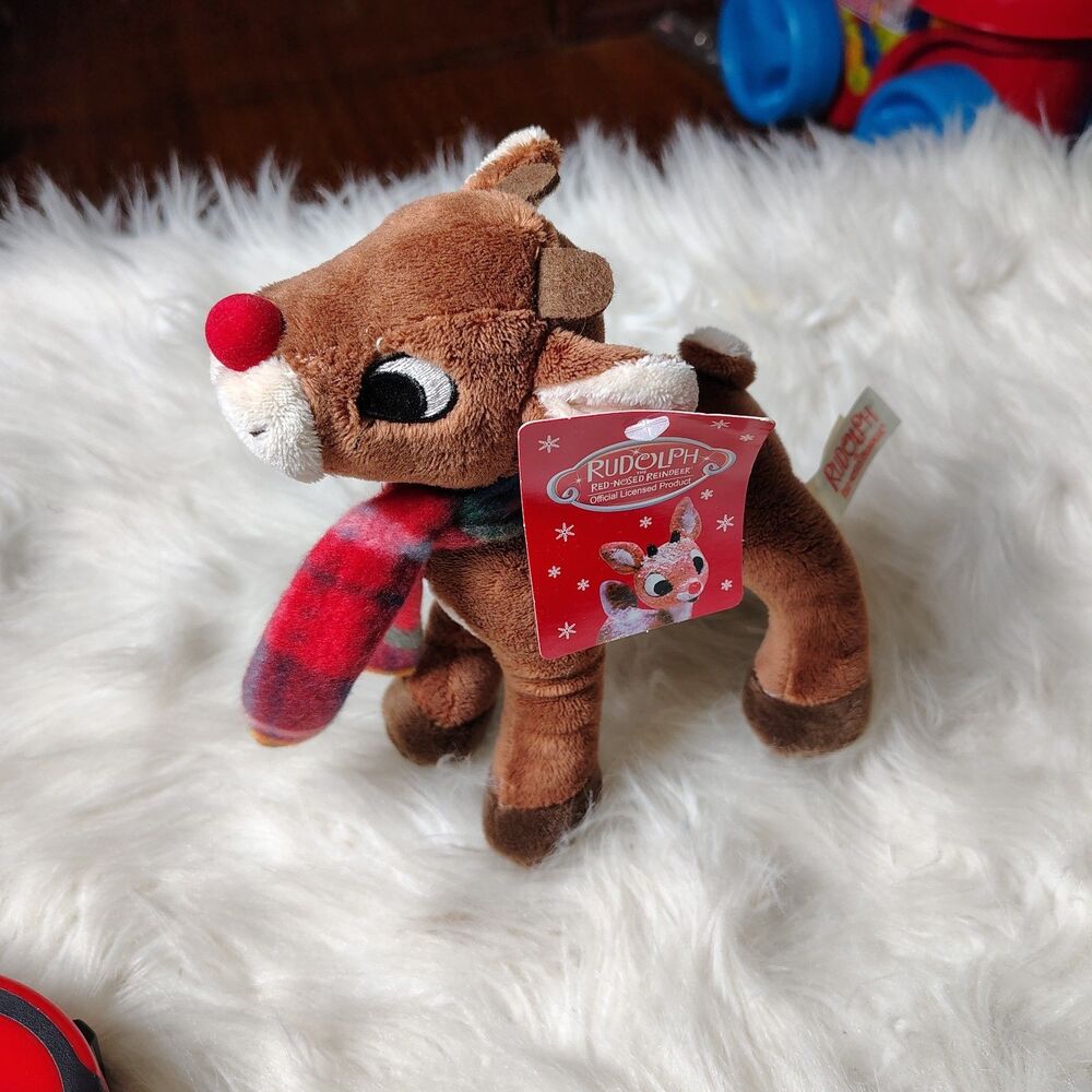 Rudolph The Red Nosed Reindeer Stuffed Animal Plush plaid fleece scarf 7in NWTS